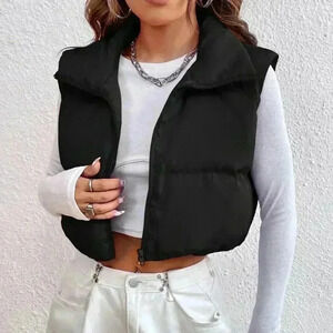 Black Casual Women's Zipper Front Vest Padded Coat